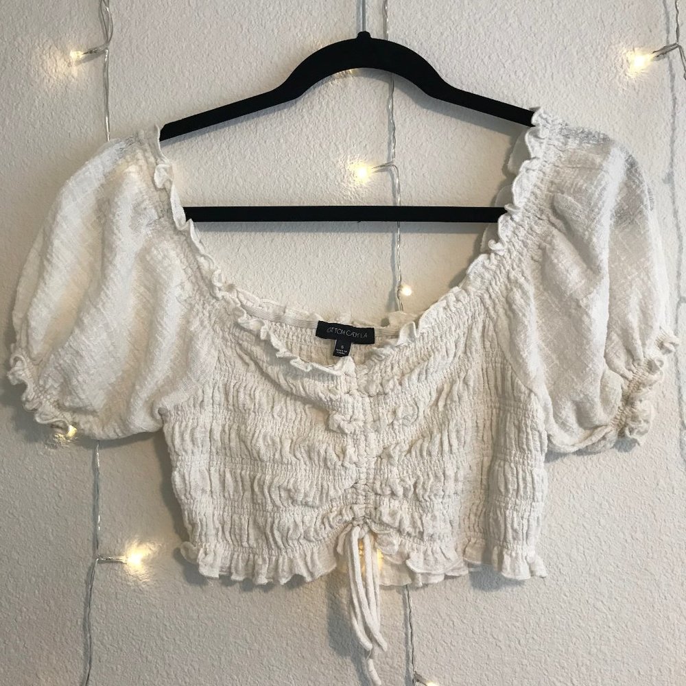 White Cotton Candy LA ruched top with puff sleeves, size small